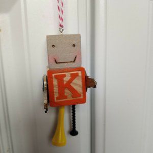 Upcycled Wood Burned ROBOT ornament NURSERY ART LETTER K wall Decor
